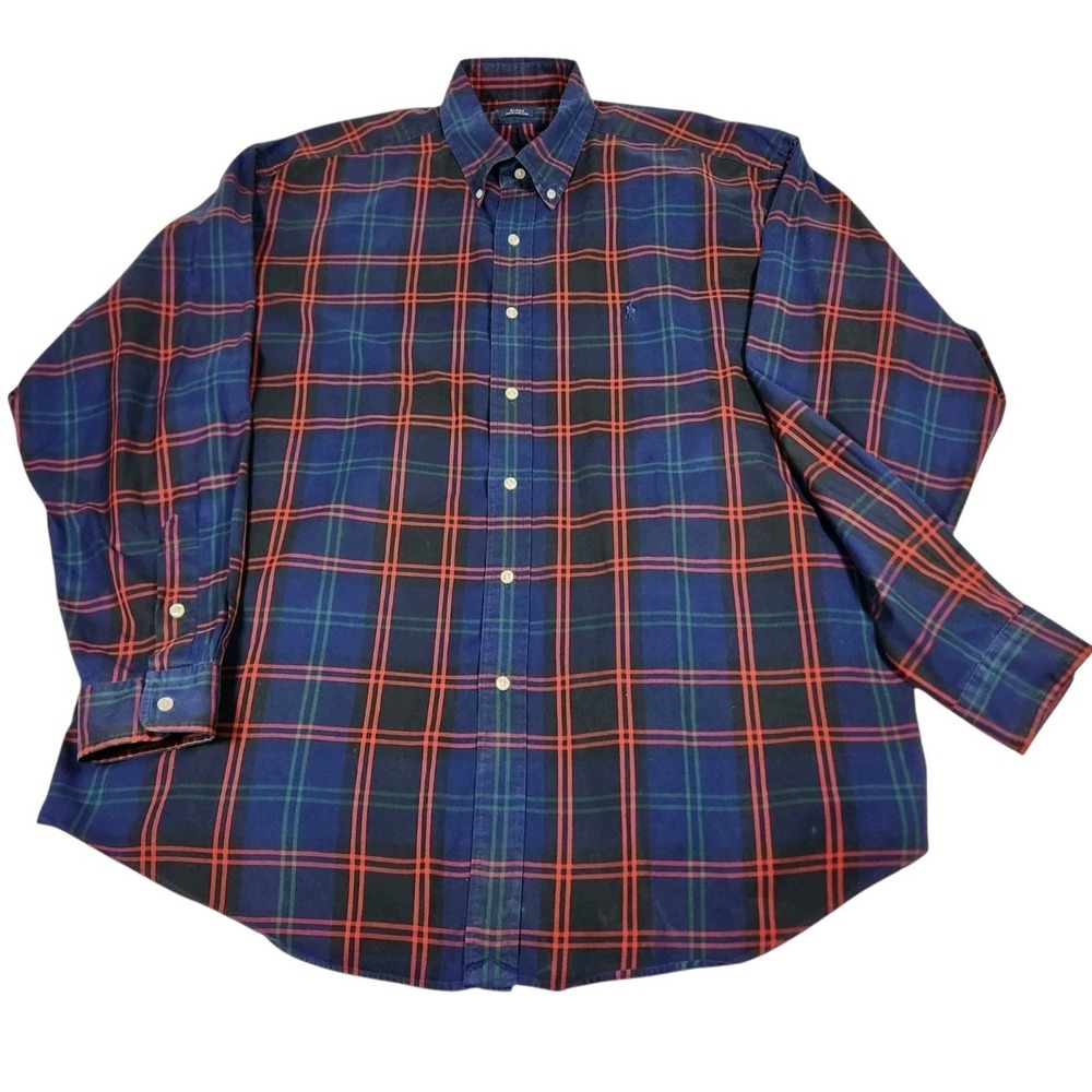 Ralph Lauren Blake XL Plaid Button Front Shirt Blue Red Cotton Mens